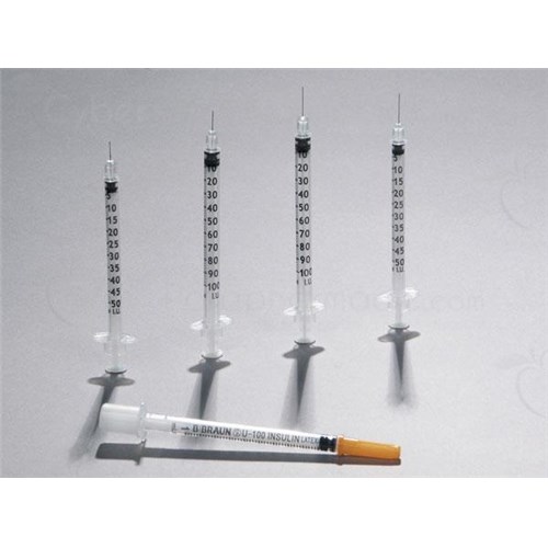 OMNICAN 100, Seringue à insuline 3 pièces de 1 ml, 100 UI/ml, aiguille sertie, sans latex. 12 mm x 0,30 mm (ref. 9151141) - 100