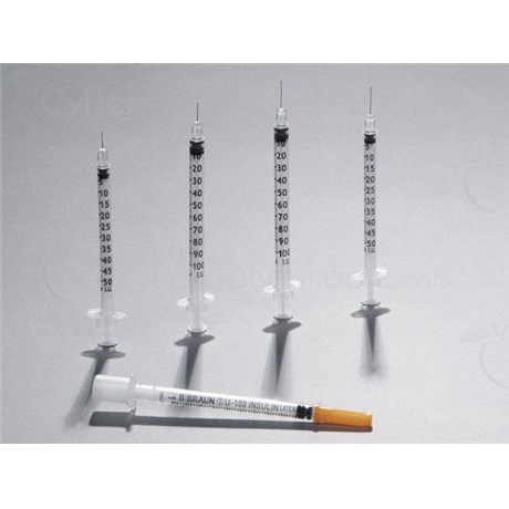 OMNICAN 100, Seringue à insuline 3 pièces de 1 ml, 100 UI/ml, aiguille sertie, sans latex. 8 mm x 0,30 mm (ref. 9151133) - 100