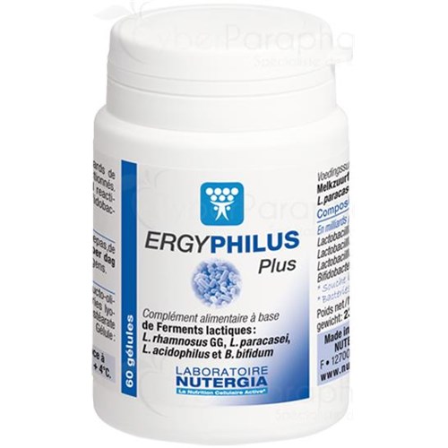 ERGYPHILUS PLUS Food supplement made from 4 strains of lactic acid bacteria Viable dosed at 6 billion per capsule 60gélules