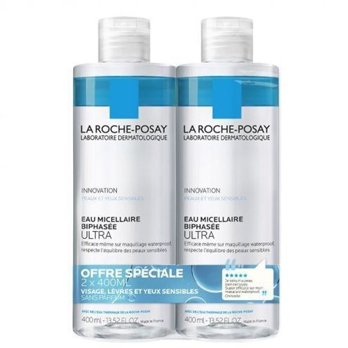 TWO-PHASE MICELLAR WATER ULTRA MAKE-UP REMOVER 2x400ML PHYSIOLOGICAL CLEANSING FACE EYES WATERPROOF LA ROCHE-POSAY